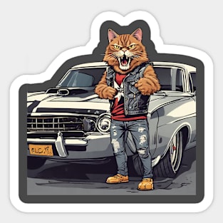 Rock cat and his muscle car Sticker